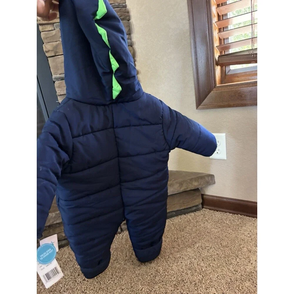 Carters 6-9 Months Dinosaur Snowsuit New Navy And Green One Piece Hood NEW
